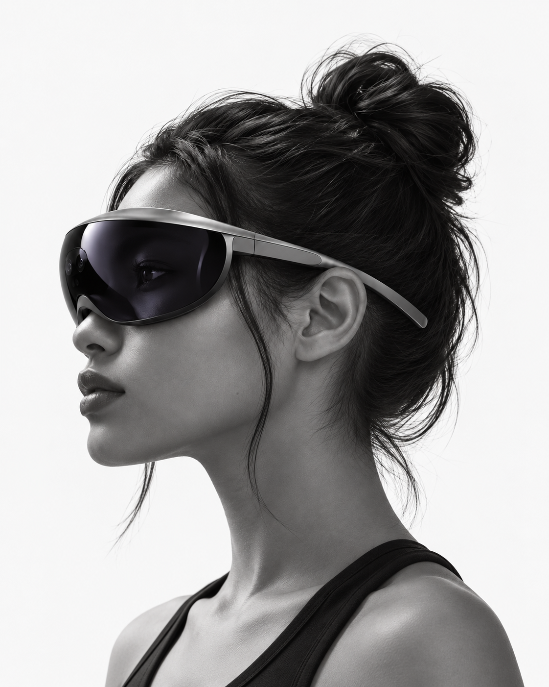 Black-and-white portrait of a woman wearing an XR headset
